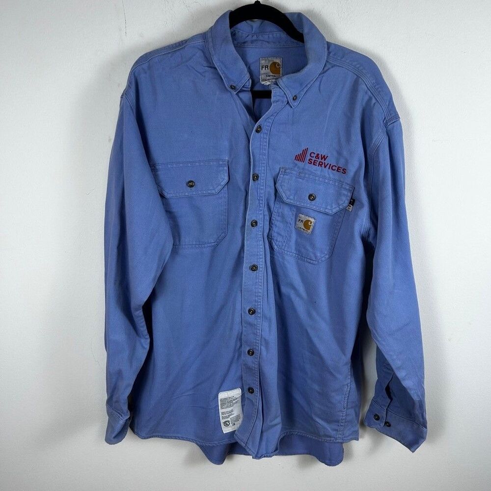 Carhartt FR Shirt Mens Large Blue Flame Resistant C&W Services Workwear 294-80